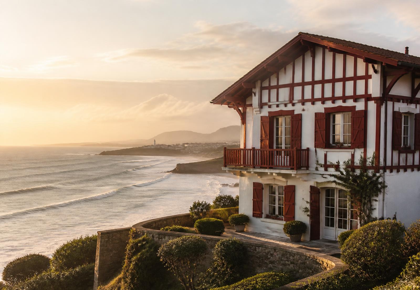 Villa basque traditionnelle surplombant l'océan Atlantique à la lumière dorée