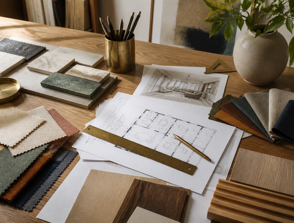 Planches de matières, plans et échantillons de tissus d'un architecte d'intérieur